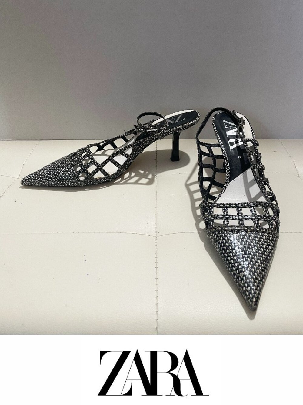 ZARA Snakeskin Print Cage Slingback Kitten Heels Mules Black White Grey Size 40